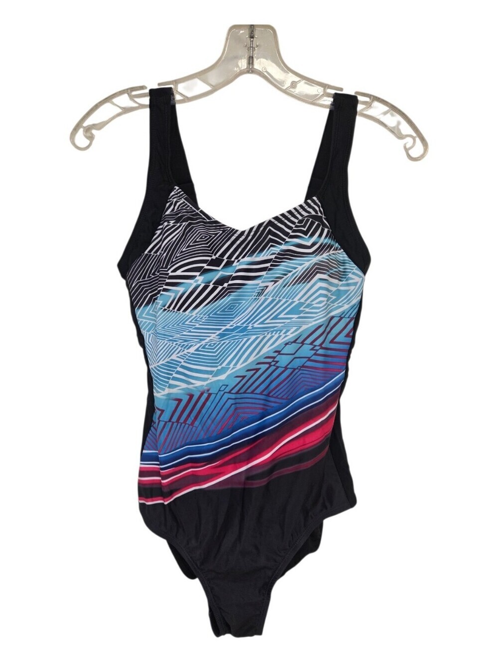 Black One-Piece Swimsuit with Bold Geometric Print, Adjustable Straps, Size Smal
